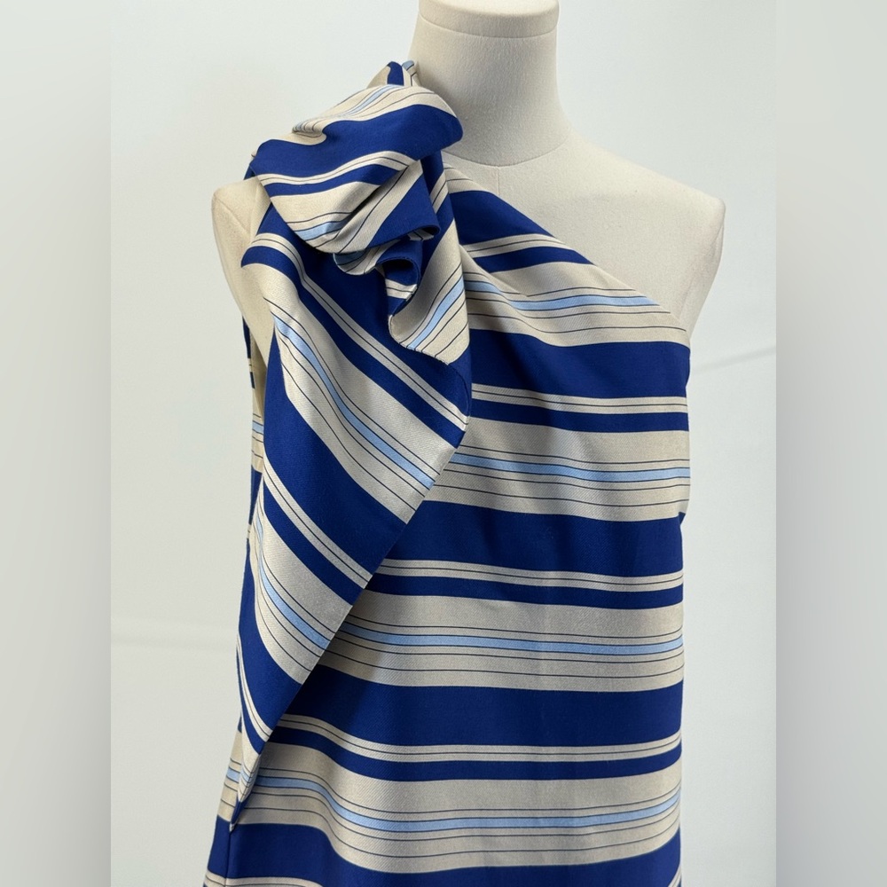 Banana Republic One Shoulder Striped Blue/Ivory With Bow Knee Length Dress SZ 16 - Picture 3 of 16